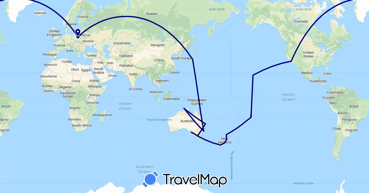 TravelMap itinerary: driving in Australia, Cook Islands, Japan, New Zealand, Poland, United States (Asia, Europe, North America, Oceania)